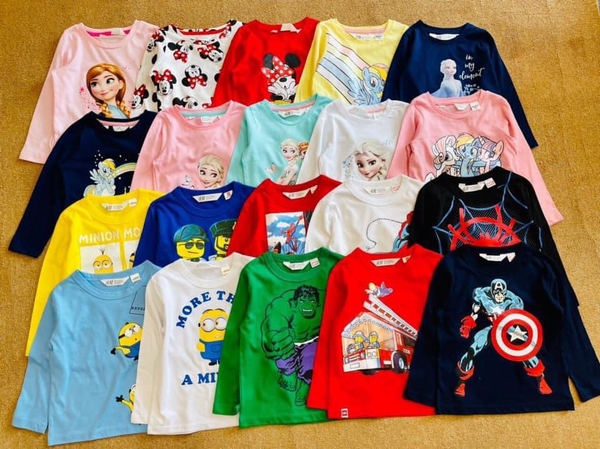 Áo cotton dài tay H&M dư xịn cho bé trai, bé gái nhiều mẫu Pony, Elsa, Minnie, Minion, Captain, Spiderman, Lego