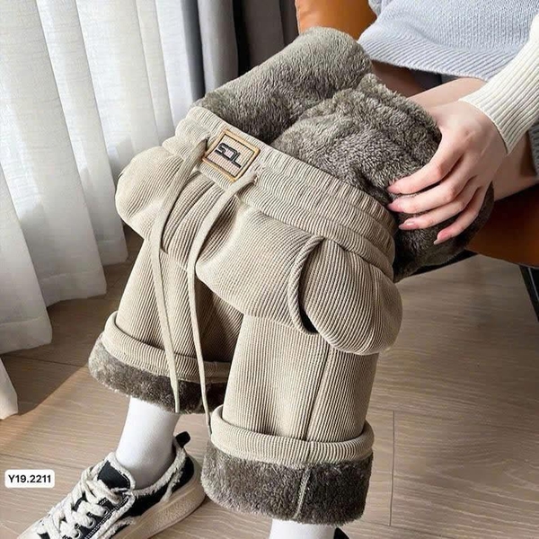 Quần suông nhung tăm lót lông cho nữ 3 màu đen, be, xám