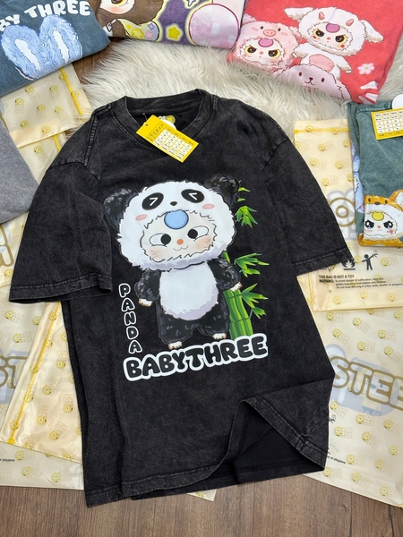 Áo phông ĐEN cotton cộc tay loang IOSTEE Baby Three Panda