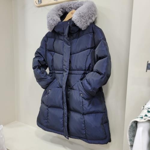 Áo phao Renoma dáng dài mũ lông xanh navy