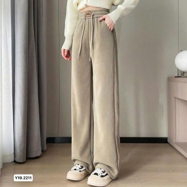 Quần suông nhung tăm lót lông cho nữ 3 màu đen, be, xám