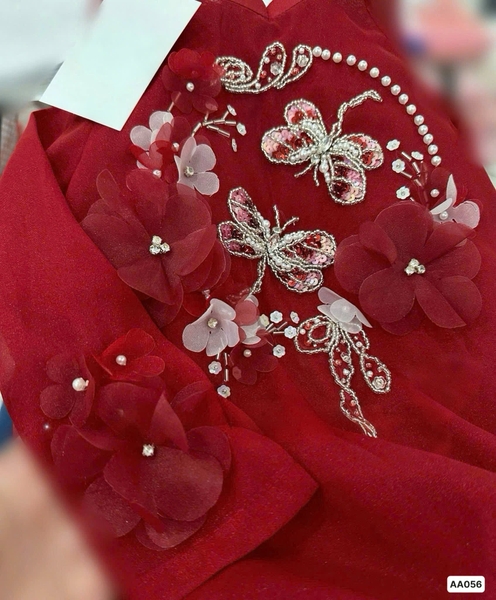 Áo dài BÉ thêu Hồ Điệp đỏ đính cườm chất tơ ánh