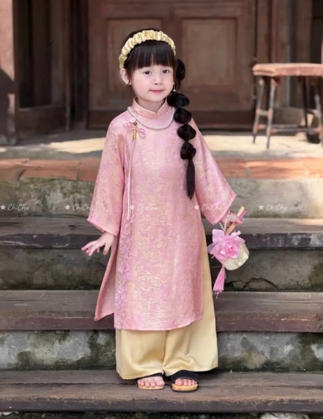 Set áo dài ánh kim BÉ GÁI 4 chi tiết áo, quần, bờm, khánh treo áo màu XANH và HỒNG
