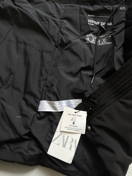 Áo parka mũ lông Zara màu đen dáng dài cho nữ