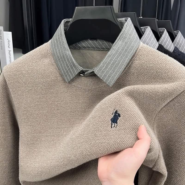Áo len nam đính cổ sơ mi thêu ngựa 4 màu đen, be, xanh, nâu