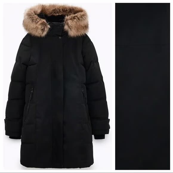 Áo parka mũ lông Zara màu đen dáng dài cho nữ