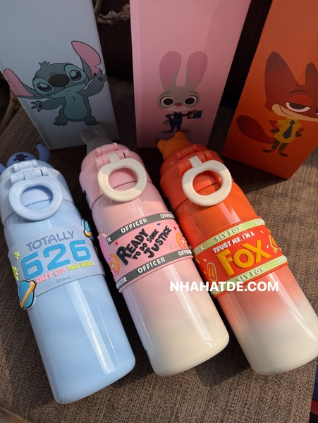 Bình nước giữ nhiệt Zootopia 3 mẫu Cáo, Thỏ, Stitch 500ml
