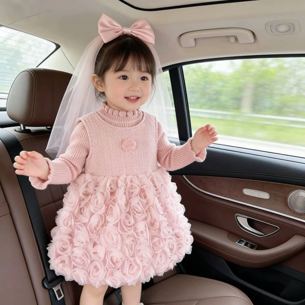 Set 2 món HOA HỒNG váy tiểu thư Cherry Coco kèm voan đầu