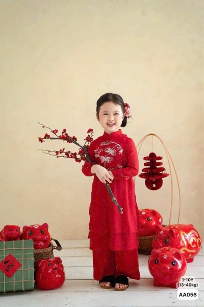 Áo dài BÉ thêu Hồ Điệp đỏ đính cườm chất tơ ánh