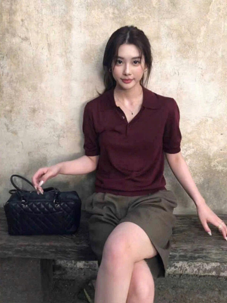 Áo len dệt polo cộc tay Zara đỏ đô Burgundy