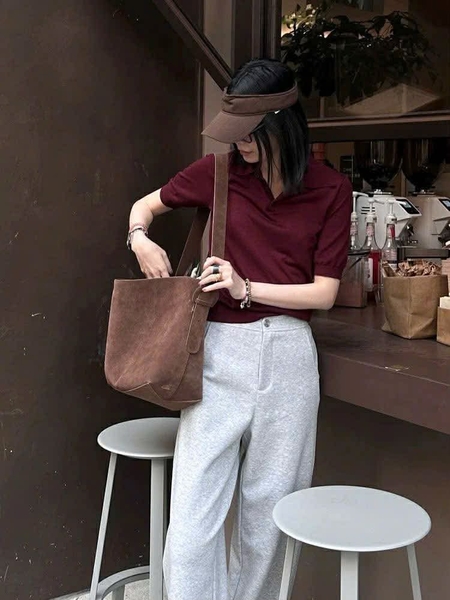 Áo len dệt polo cộc tay Zara đỏ đô Burgundy