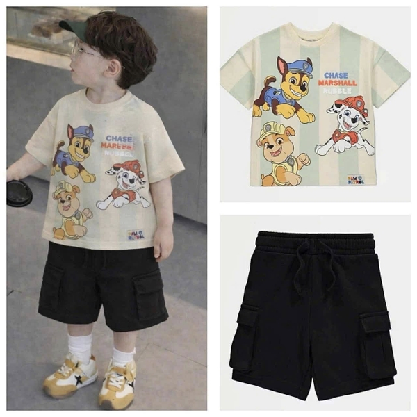 Bộ cộc tay PAW PATROL áo xanh quần kaki đen