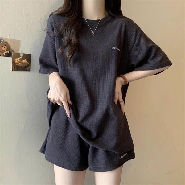 Bộ cộc tay tổ ong Peace Love 3 màu xanh, be, đen cho nữ