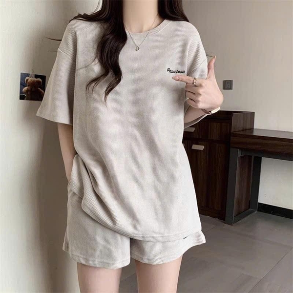 Bộ cộc tay tổ ong Peace Love 3 màu xanh, be, đen cho nữ