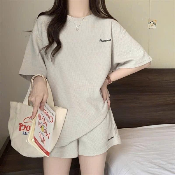 Bộ cộc tay tổ ong Peace Love 3 màu xanh, be, đen cho nữ