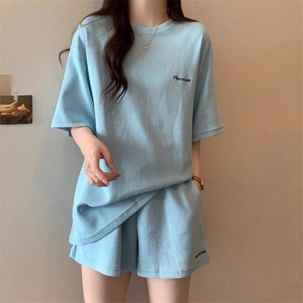 Bộ cộc tay tổ ong Peace Love 3 màu xanh, be, đen cho nữ
