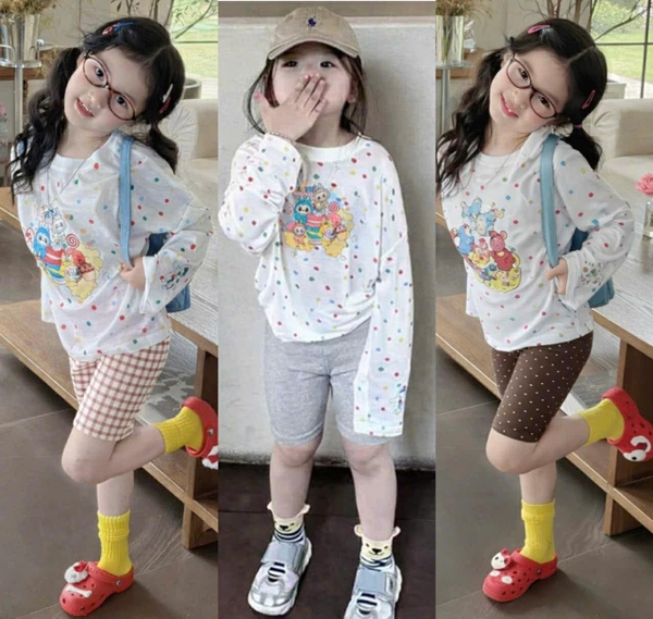 Set 4 quần legging lửng bé gái caro cam, chấm bi nâu, kẻ ngang, ghi