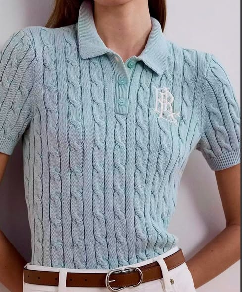 Áo len polo cộc tay dệt kim màu xanh mint RALPH LAUREN