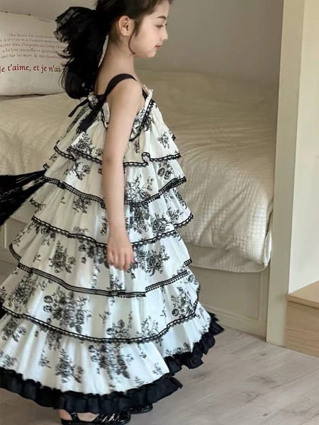 Váy maxi cao cấp 2 dây nhiều tầng họa tiết hoa đen trắng