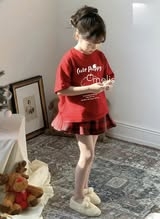 Bộ cộc tay Melisa Cute Puppy chân váy kẻ caro màu đỏ