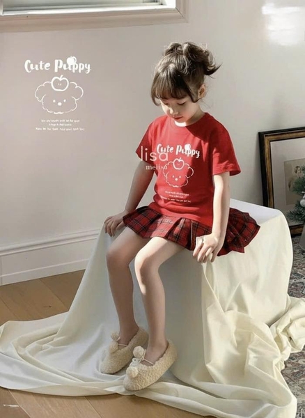 Bộ cộc tay Melisa Cute Puppy chân váy kẻ caro màu đỏ