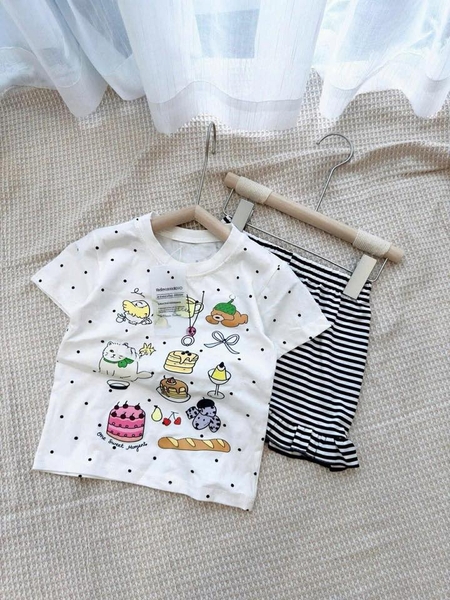 Bộ cộc tay BÉ áo chấm bi trắng quần sooc kẻ ngang