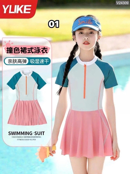 Váy bơi bé gái ngắn tay phối màu hãng YUKE
