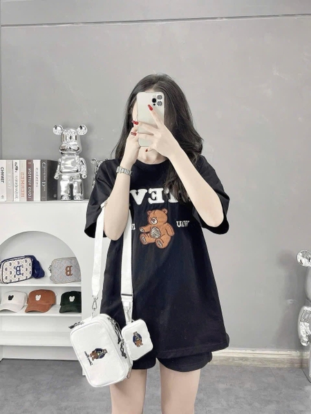 Bộ cotton H&M cộc tay Steve gấu 5 màu navy, hồng, đen, kem ghi