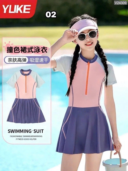 Váy bơi bé gái ngắn tay phối màu hãng YUKE