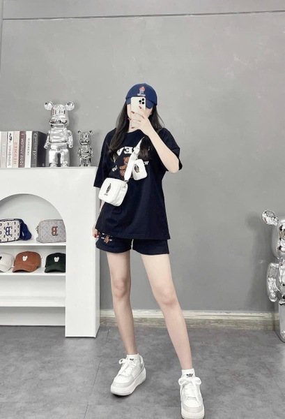 Bộ cotton H&M cộc tay Steve gấu 5 màu navy, hồng, đen, kem ghi