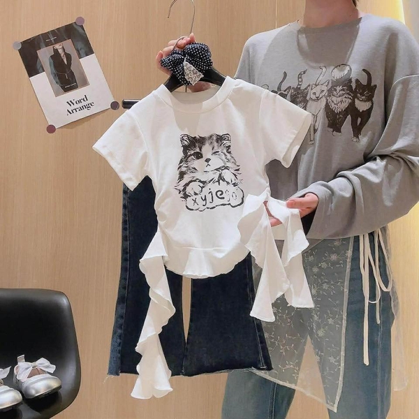 Áo phông tua rua cotton họa tiết mèo 2 màu ghi, trắng