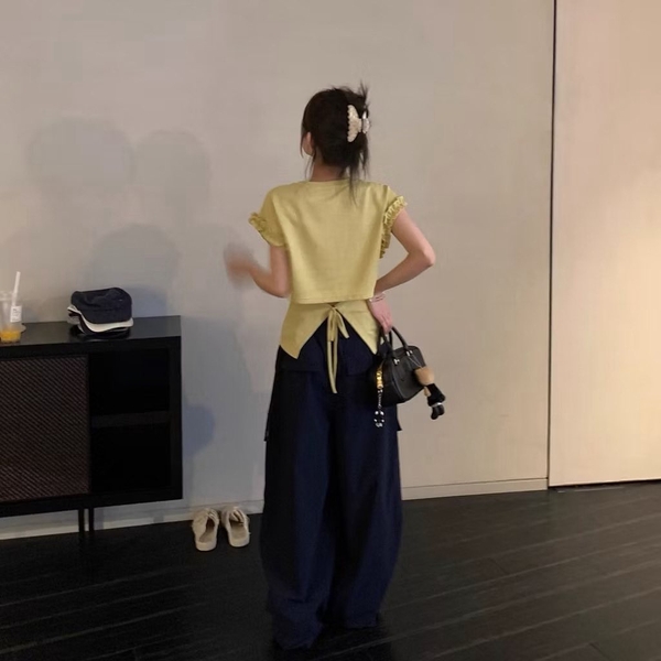 Áo cotton tay phối bèo buộc dây lưng 3 màu WG.WE