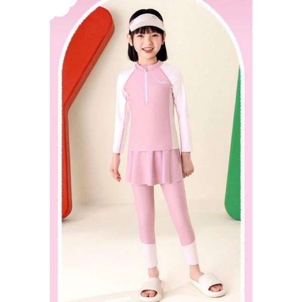 Bộ bơi Ylike màu hồng phối in chữ Shells quần váy, tay dài kéo khoá ngực