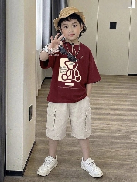 Bộ cộc tay Luca&Luca áo đỏ quần trắng Honey Bun hình gấu