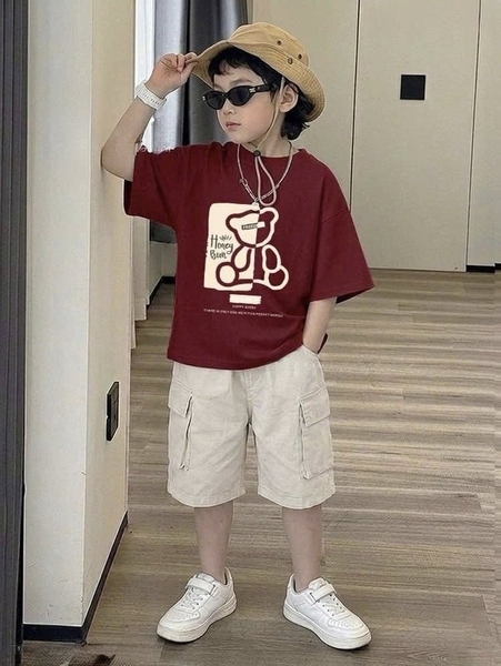 Bộ cộc tay Luca&Luca áo đỏ quần trắng Honey Bun hình gấu