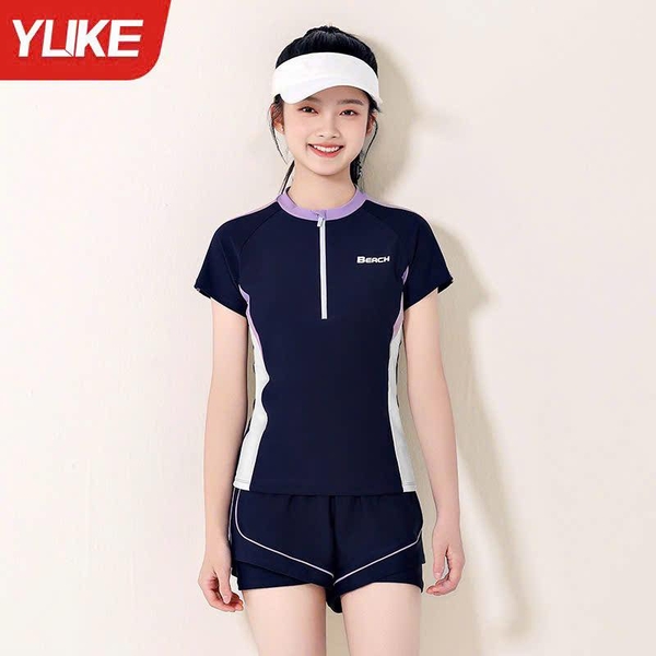 Bộ bơi cộc tay Beach Ylike quần sooc màu navy phối trắng tím bé gái