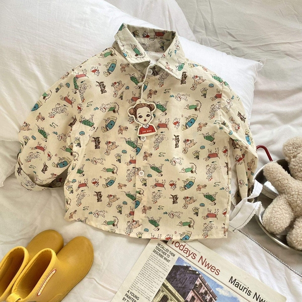 Sơ mi thô vintage họa tiết chú chó cho bé trai