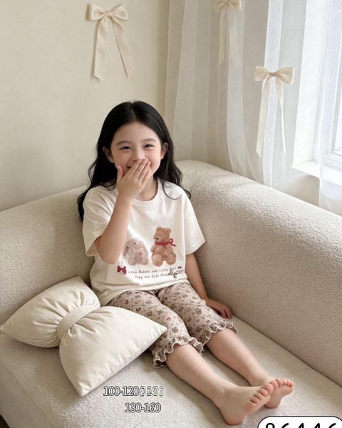Bộ cotton lửng xuất Hàn 5 mẫu Gấu thỏ, Gấu xám, Nơ xinh, Hello Kitty, Gấu nơ hồng