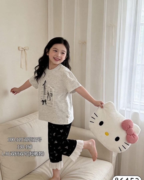 Bộ cotton lửng xuất Hàn 5 mẫu Gấu thỏ, Gấu xám, Nơ xinh, Hello Kitty, Gấu nơ hồng