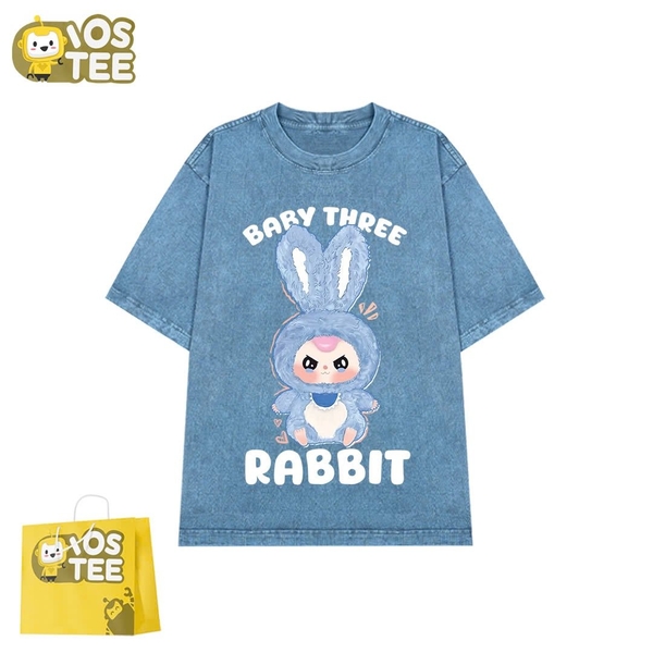 Áo phông 2 màu XÁM và XANH cotton cộc tay loang IOSTEE hình Baby Three THỎ