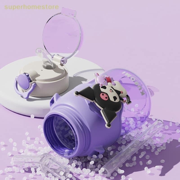 Bình nước có ống hút, kèm dây đeo mẫu Kuromi, My Melody, Cinnamoroll