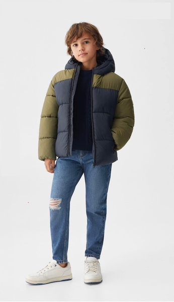 Áo khoác phao Mango mũ liền phối 2 màu xanh rêu-navy, cam-navy