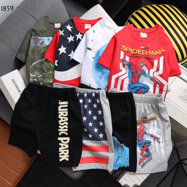 Bộ cotton cộc tay bé trai Hiunikids mẫu khủng long, cờ Mỹ, Spiderman đỏ,Batman trắng