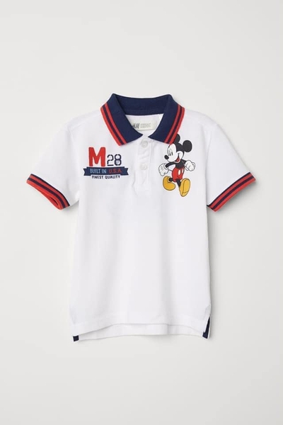 Áo polo mickey trắng cổ navy kẻ đỏ
