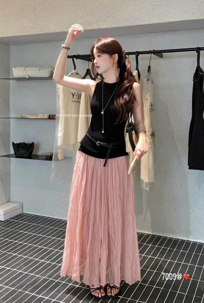 Set Y Jia áo sát nách dệt kim kèm chân váy voan dáng xòe dài 4 màu