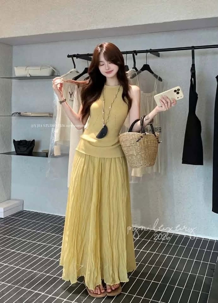 Set Y Jia áo sát nách dệt kim kèm chân váy voan dáng xòe dài 4 màu
