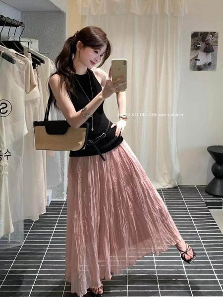 Set Y Jia áo sát nách dệt kim kèm chân váy voan dáng xòe dài 4 màu