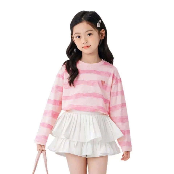 Áo cotton dài tay loang hồng thêu trái tim