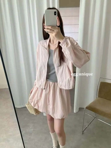 Bộ áo khoác gió chân váy bí 6 màu xanh đậm, xanh nhạt, vàng, hồng