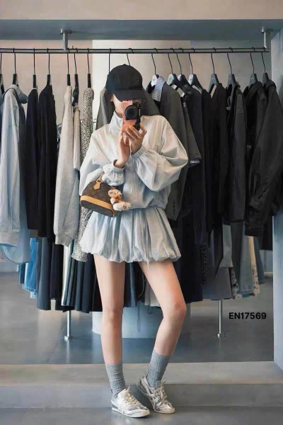 Bộ áo khoác gió chân váy bí 6 màu xanh đậm, xanh nhạt, vàng, hồng